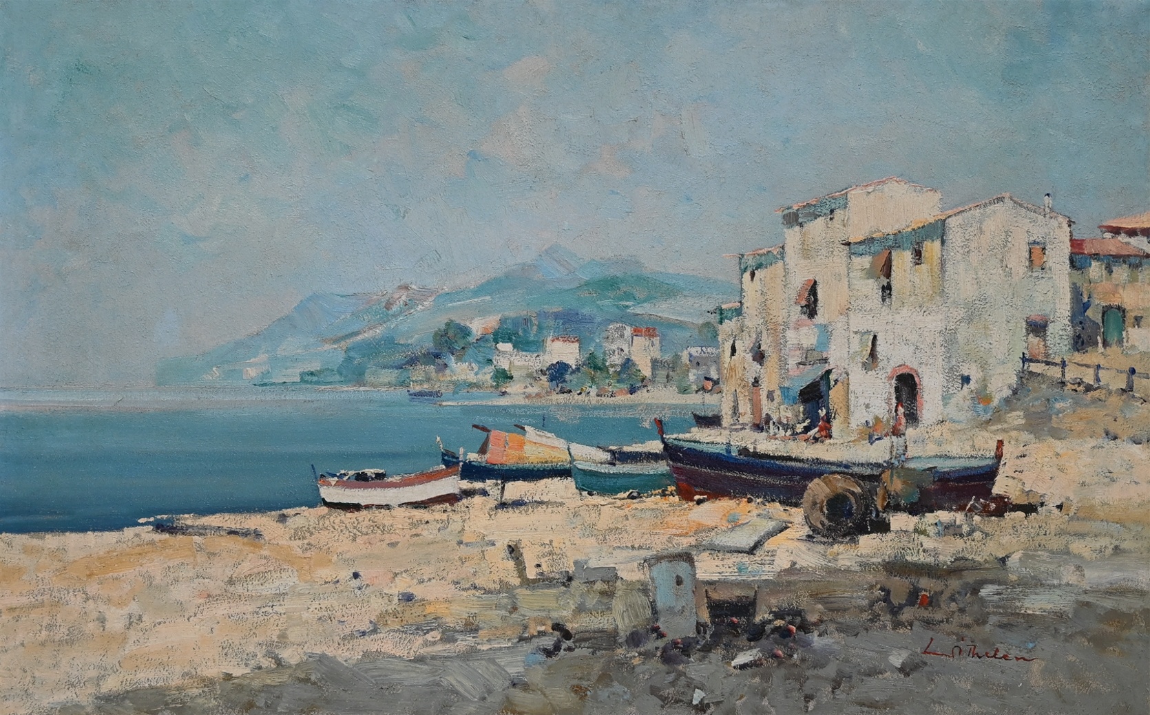 Wilhelm Thelen (1917 - 1985) » Öl-Gemälde Impressionismus Spanien Meer mediterrane Küstenlandschaft Düsseldorfer Maler