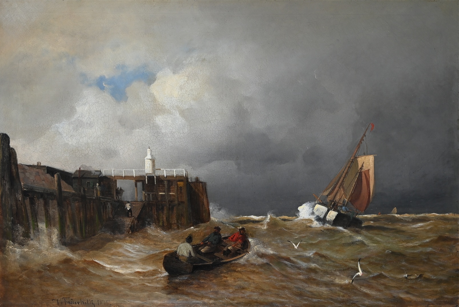 Viggo Fauerholdt (1832 - 1882) » Öl-Gemälde Meer Küstenlandschaft Hafen Meer Marinemalerei Seefahrt Küstenlandschaft Seestück Düsseldorfer Malerschule