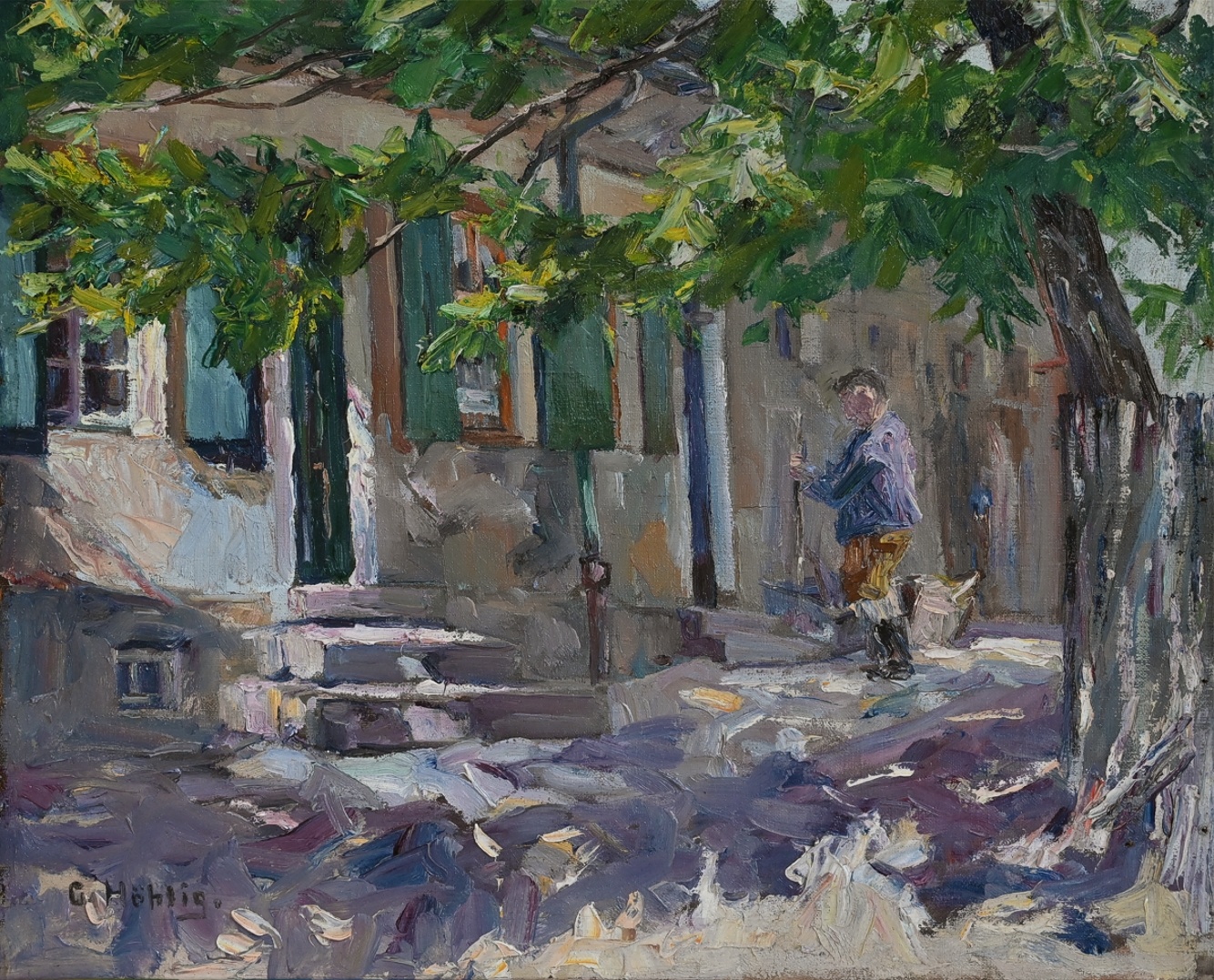 Georg Höhlig (1879 - 1960) » Öl-Gemälde Impressionismus Dorf Bauernhof Erzgebirge Sachsen Maler