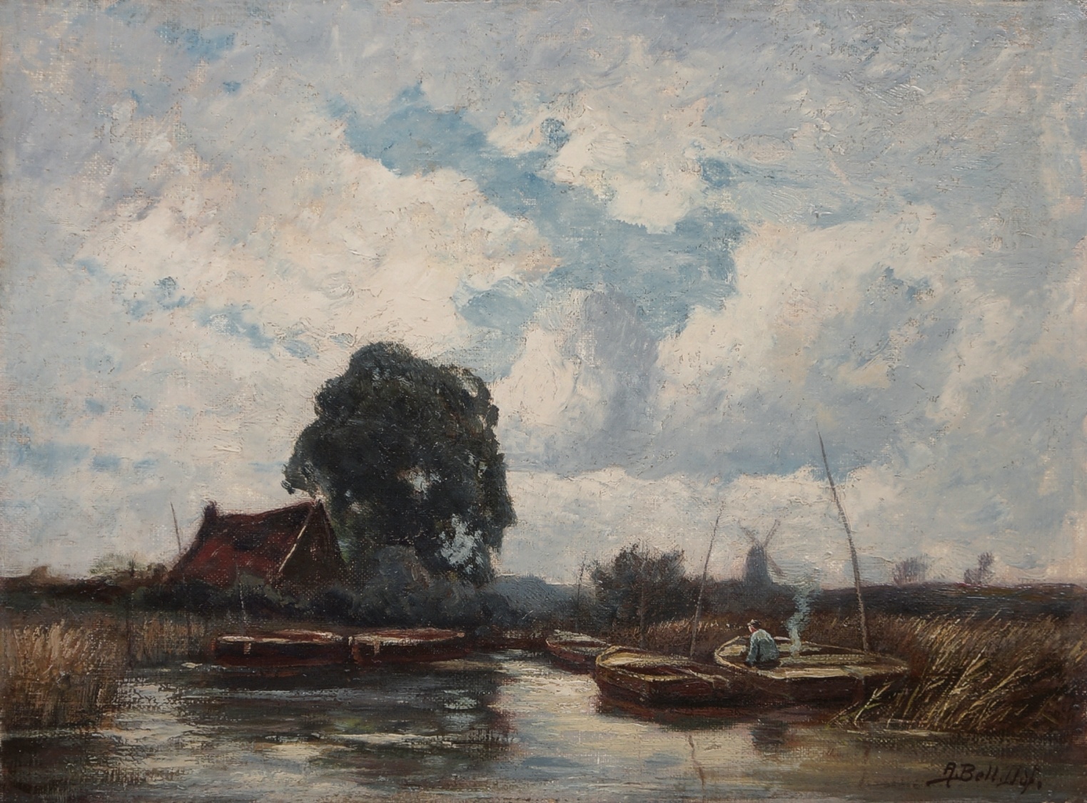 Arthur Bell (1876 - 1966) » Öl-Gemälde Realismus Herbst Ernte Landschaft Erntelandschaft Fischer Niederrhein Düsseldorfer Malerschule