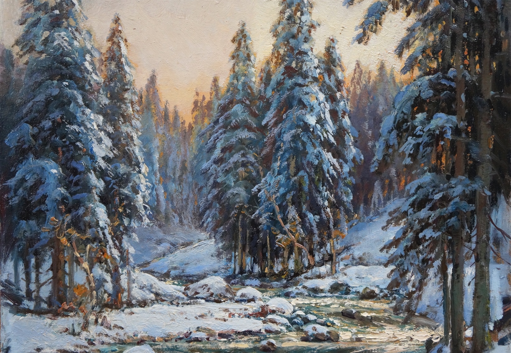 Karl Schmitz-Schulten (1870 - 1958) » Öl-Gemälde Impressionismus Winter Landschaft Wald Waldlandschaft Düsseldorfer Malerschule Schnee Schneelandschaft Winterlandschaft