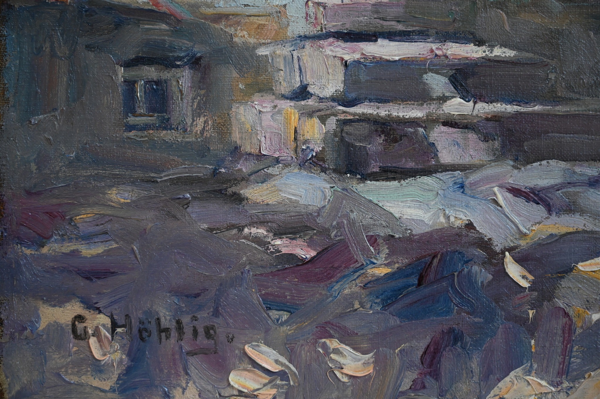 Georg Höhlig (1879 - 1960) » Öl-Gemälde Impressionismus Dorf Bauernhof Erzgebirge Sachsen Maler