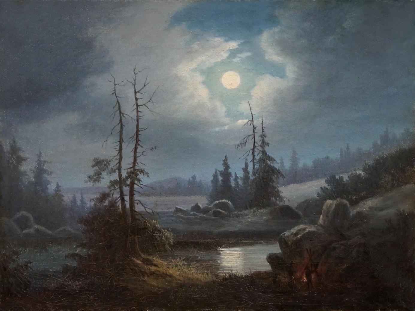 Maler des 19. Jahrhunderts » Öl-Gemälde Romantik Biedermeier Mond Nacht Landschaft Wald Waldlandschaft Mond Nacht Mondnacht Mondschein Düsseldorfer Malerschule