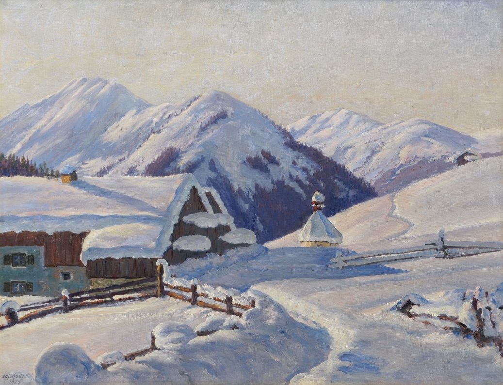 Josef Koch (1886 - 1966) » Öl-Gemälde Impressionismus Realismus Winter Landschaft Winterlandschaft Schnee Schneelandschaft Alpen Berghof süddeutsche Malerei Münchner Maler