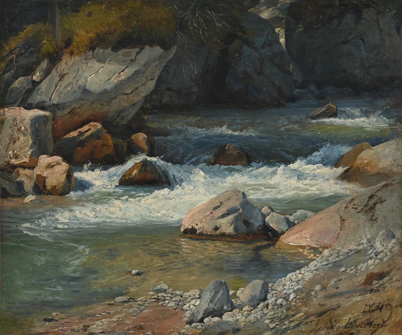 Gebirgslandschaften Julius Lange (1817 - 1878) » Öl-Gemälde Romantik Biedermaier Realismus Wildbach Gebirge Landschaft