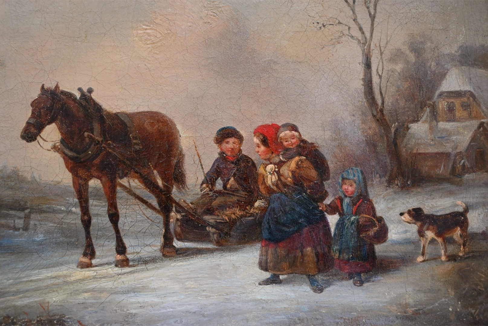 Maler des 19. Jahrhunderts, Wilhelm Alexander Meyerheim (1815 - 1882) zugeschrieben » Öl-Gemälde Biedermeier Romantik Winter Schnee Landschaft Winterlandschaft Schneelandschaft Genre Düsseldorfer Malerschule