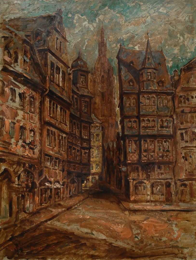 Carl Beck (Maler des frühen 20. Jahrhundert) » Öl-Gemälde Impressionismus Jugendstil Stadtansicht Frankfurt am Main Altstadt Römer