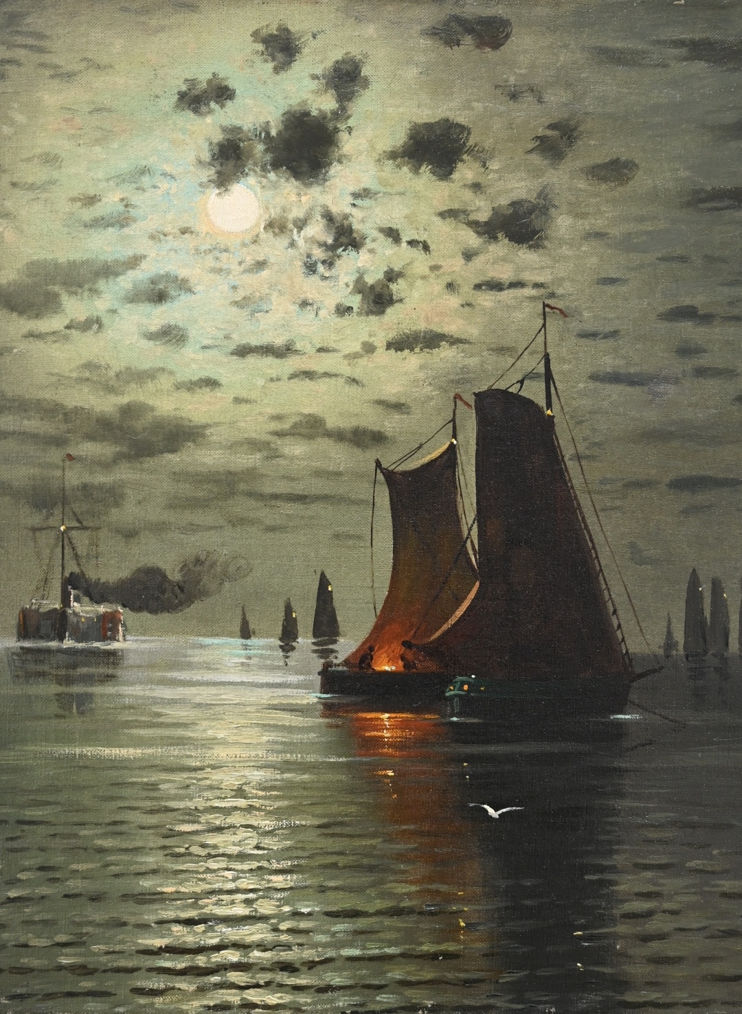 Max von Othegraven (1860 - 1924) » Öl-Gemälde Spät-Romantik Marinemalerei Mond Mondschein Mondnacht Nacht Meer Küstenlandschaft Seestück