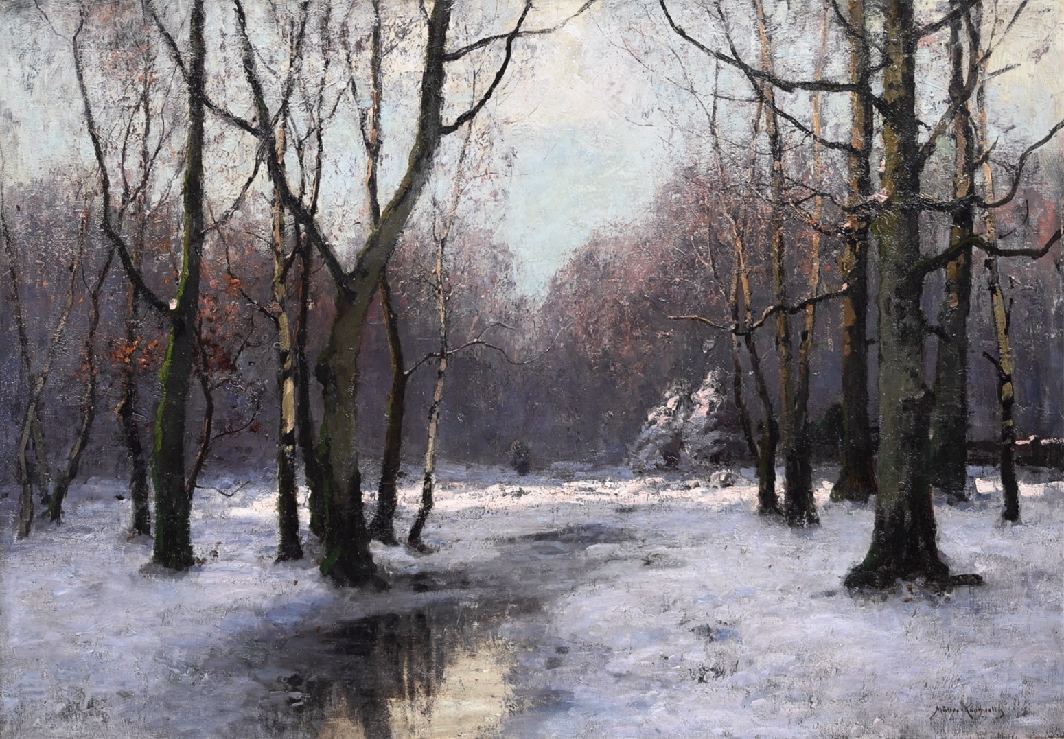 Konrad Alexander Müller-Kurzwelly (1855 - 1914) » Öl-Gemälde Impressionismus Park Winter Winterlandschaft Schnee Schneelandschaft Wald Waldlandschaft Landschaft - Berliner Künstler um 1900