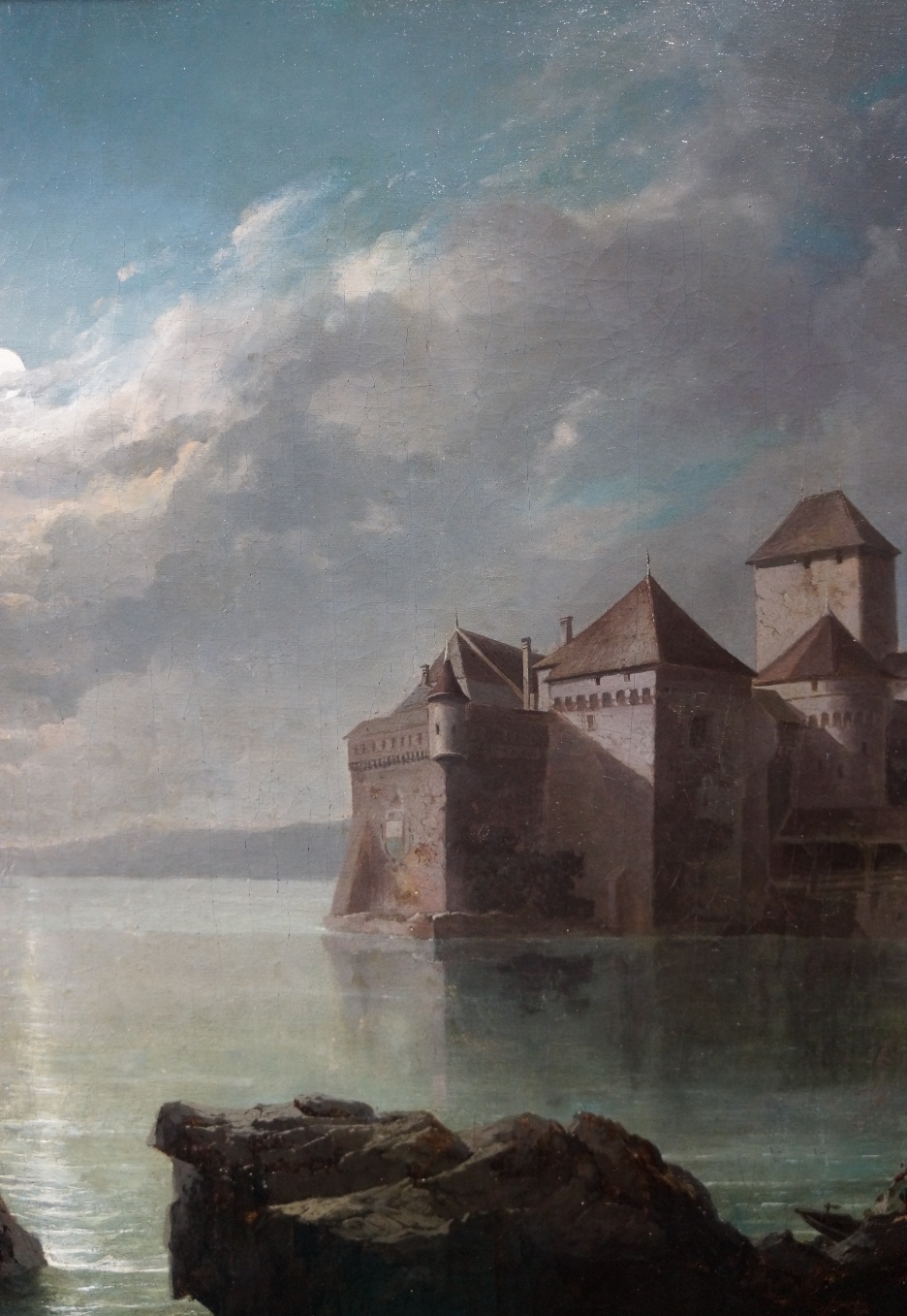 Arnold Jenny (1831 - 1881) » Öl-Gemälde Spätromantik Schloss Burg Mond Mondnacht Mondschein Vollmond nächtliche Landschaft schweizer Maler