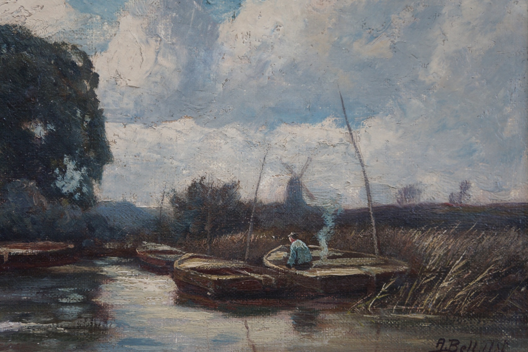 Arthur Bell (1876 - 1966) » Öl-Gemälde Realismus Herbst Ernte Landschaft Erntelandschaft Fischer Niederrhein Düsseldorfer Malerschule