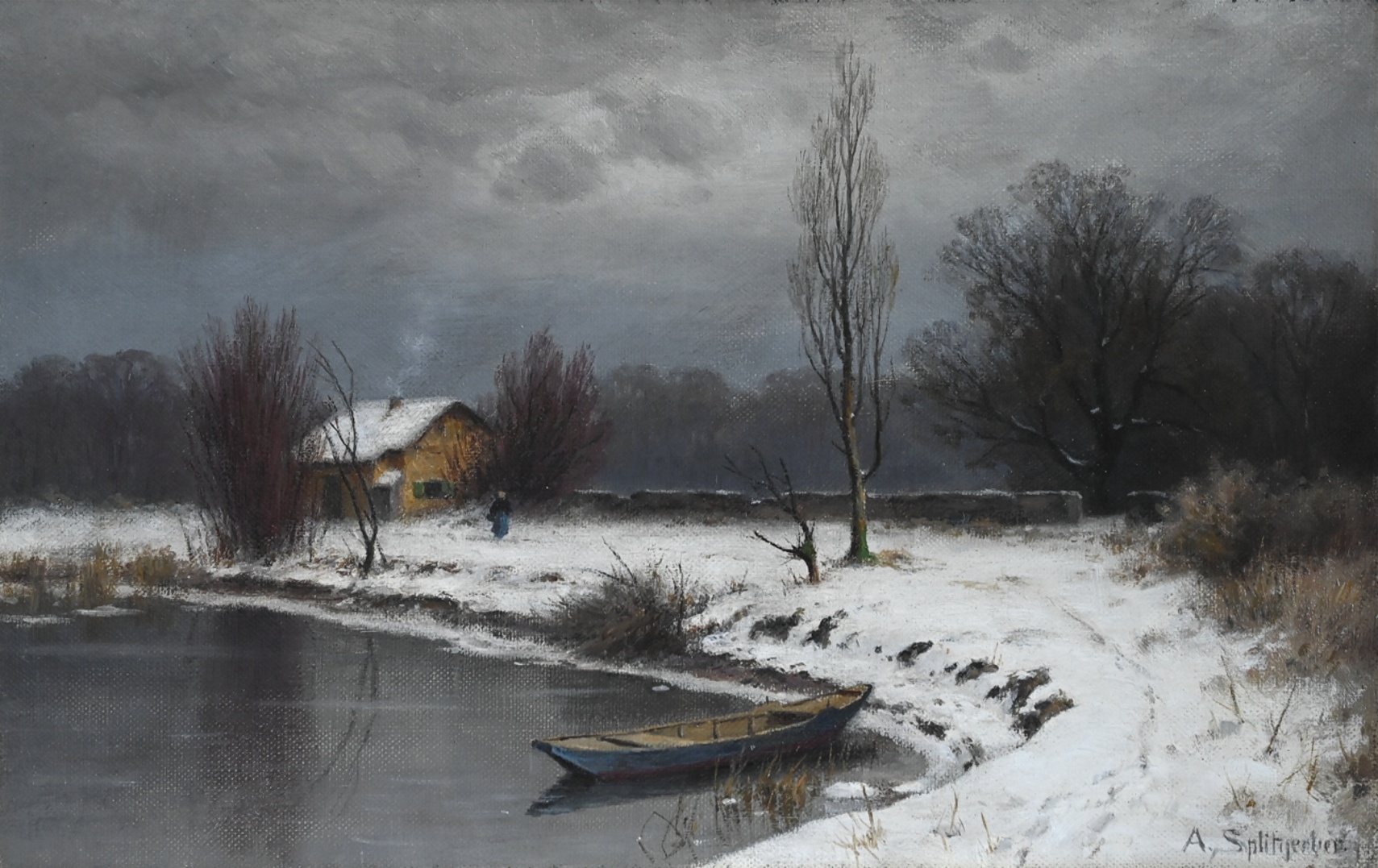 August Splitgerber (1844 - 1918) » Öl-Gemälde Winter Landschaft Winterlandschaft Schnee Schneelandschaft Münchner Malerschule Süddeutsche Malerei