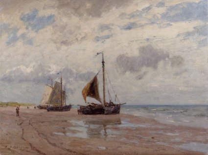 Leopold Schönchen (1855 - 1935) » Öl-Gemälde Impressionismus Meer Küstenlandschaft Fischerboote Nordseeküste