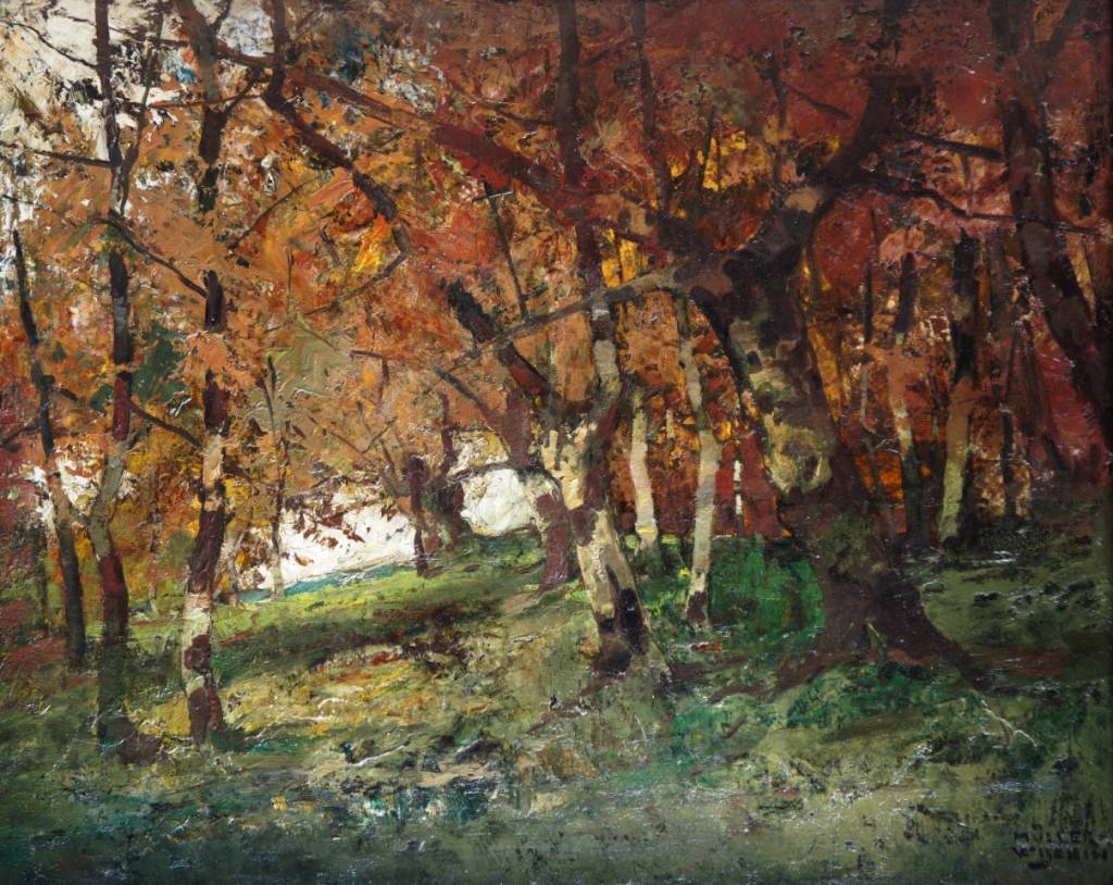 Anton Müller-Wischin (1865 - 1949) » Öl-Gemälde Postimpressionismus Waldlandschaft Wald Herbst süddeutsche Malerei