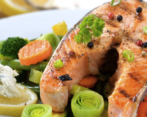 Gegrilde zalm met romige tagliatelle & gegrilde groenten