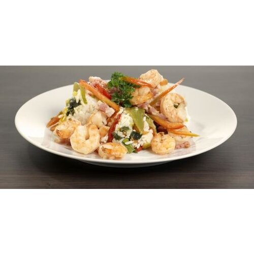 Parelgort met kip, gamba's & roomsaus