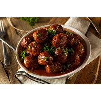 Ketjapballetjes, sperzieboontjes, perzik & rijst