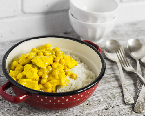 Vegetarische kip kerrie doperwt witte rijst