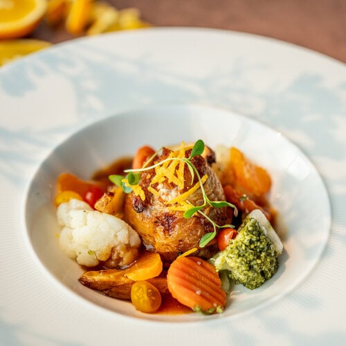 Gevulde kipdrumstick met sinaasappel, Koninginnemelange, roseval aardappel