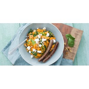 Kipburger met stamppot zoete aardappel en spinazie