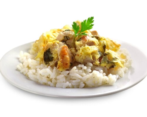 Kippenragout, sperziebonen en aardappelpuree