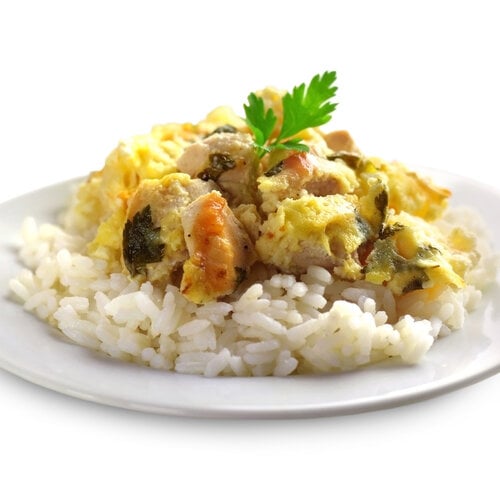 Kippenragout, sperziebonen en aardappelpuree