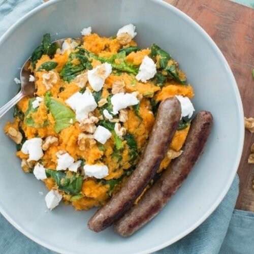 Varkenssaucijs, stamppot zoete aardappel en paprika