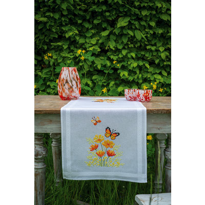 Vervaco Borduurpakket Tafelloper Oranje Bloemen en Vlinders