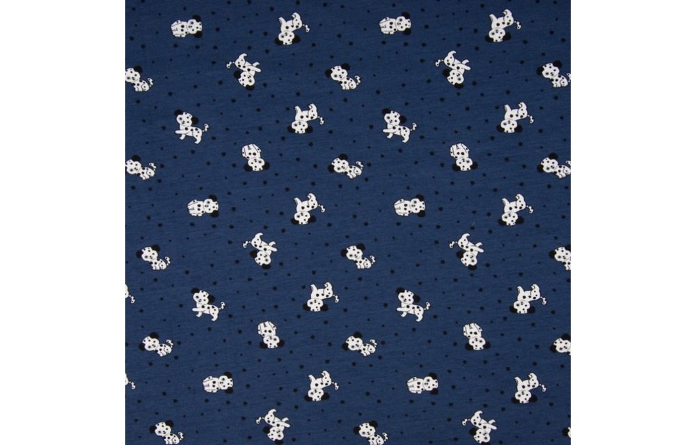 Tricot stof QjuTie puppy dots donkerblauw katoen jersey 150 cm breed