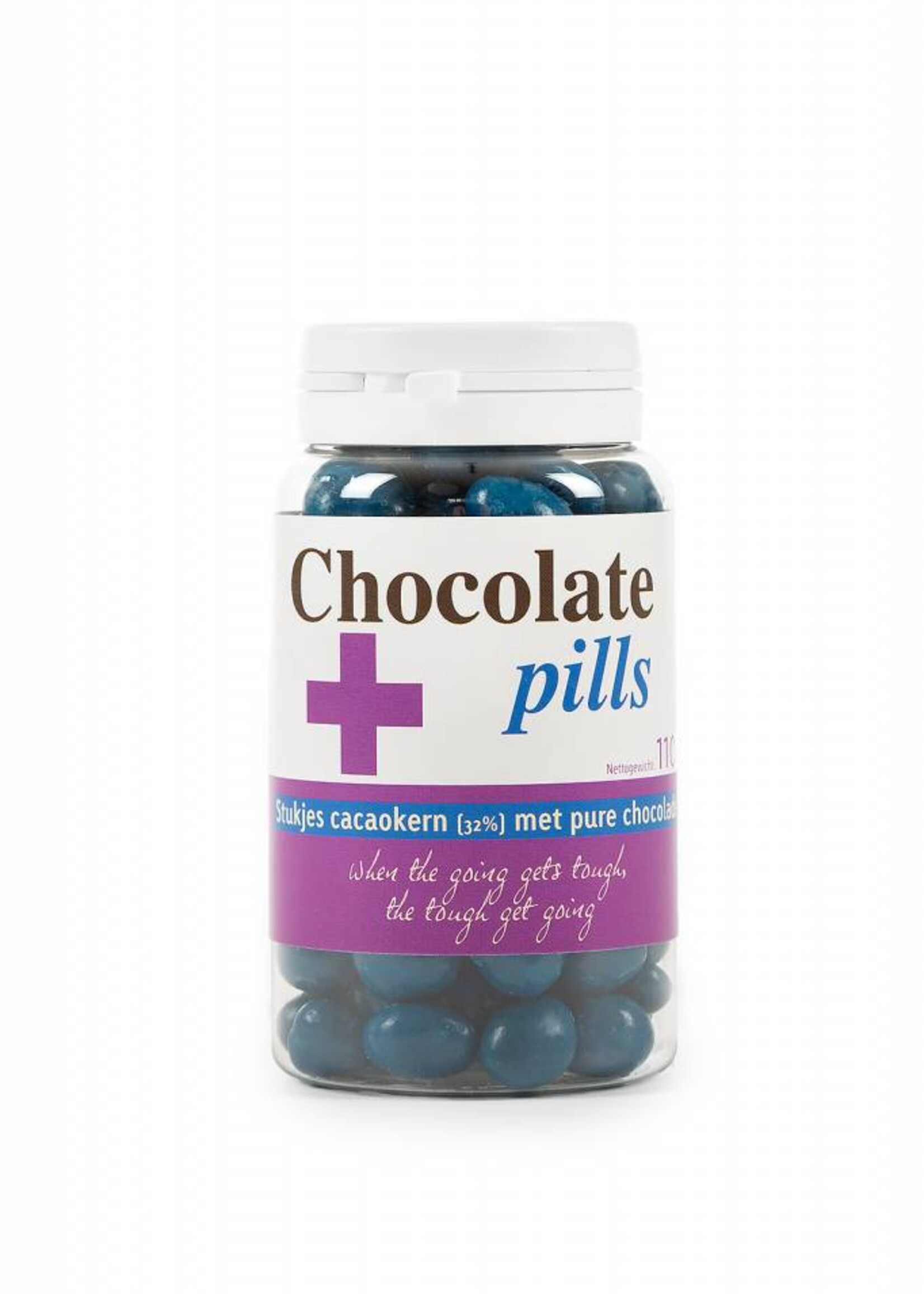 Chocolate pills with cocoa nibs