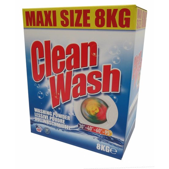 Clean Wash Waspoeder 8kg | ± > 80 Wasbeurten | Krachtig & Milieuvriendelijk voor witte en bonte was | Wasmiddel
