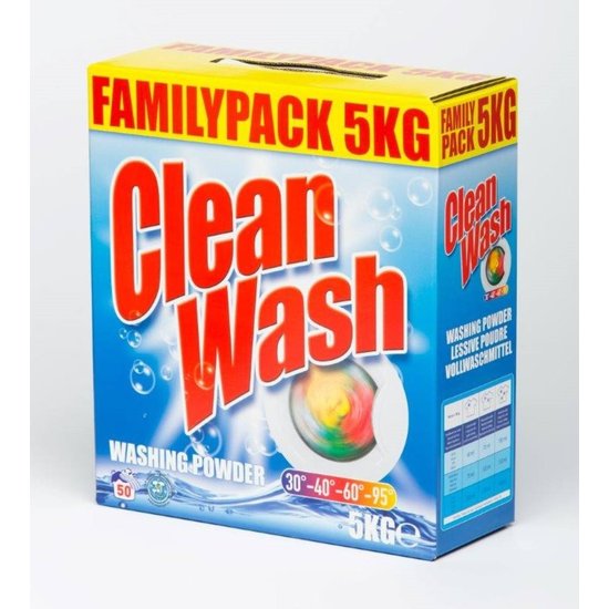 Clean Wash Waspoeder 5kg | ± > 50 Wasbeurten | Krachtig & Milieuvriendelijk voor witte en bonte was | Wasmiddel
