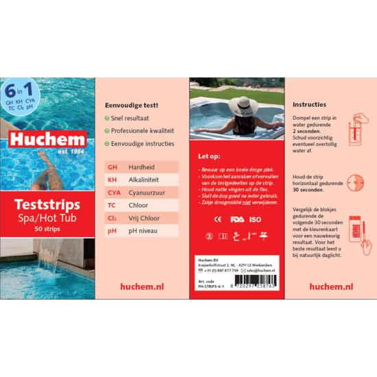 Huchem Teststrips | Spa | Hottub | Whirlpool  | 50 st. | 6 in 1 | Aquarium | Pool