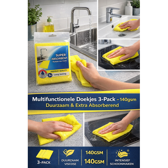 Huchem Vaatwasdoek / Sopdoek 3-pack (140GSM) – Duurzame Multifunctionele Doekjes – Sterk Absorberend