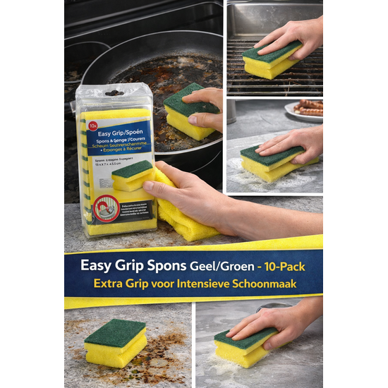 Huchem Easy Grip Spons Geel/Groen 10-Pack – Extra Grip voor Intensieve Schoonmaak
