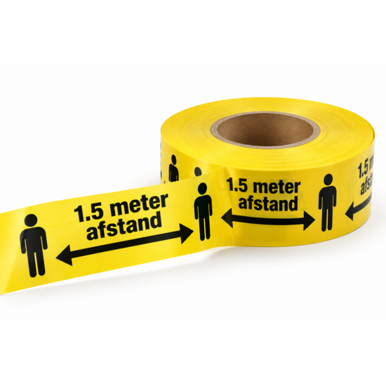 Waarschuwingslint 1,5 meter afstand | Geel/Zwart | 75 mm x 100 meter