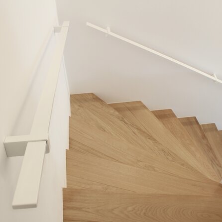 Witte trapleuning (gecoat) op maat - rechthoekig (40x10 mm) - incl. leuninghouders TYPE 13 - coating wit RAL 9016, 9010 of 9001