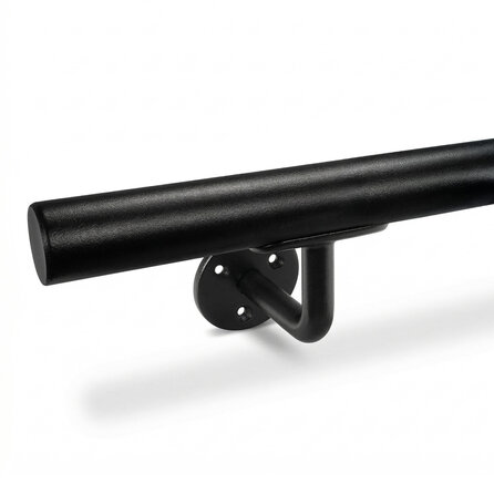 Zwarte trapleuning (gecoat) op maat - voor buiten - rond smal - incl. leuninghouders TYPE 1 - coating zwart RAL 9005