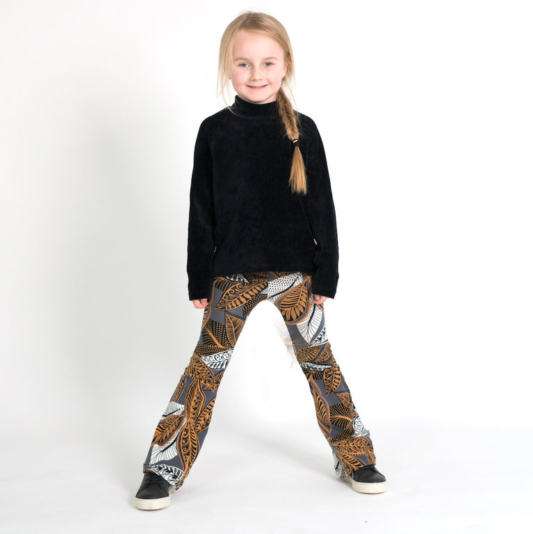 Flared broek met botanic print in camel/zwart