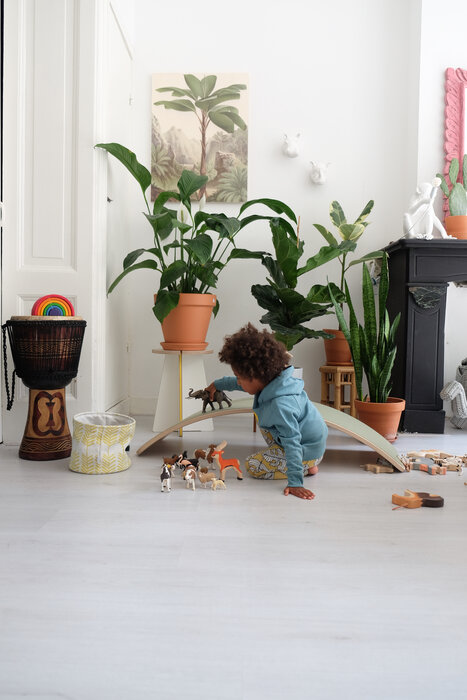 Wobbel balance board in a living room full of plants, with a child playing on it