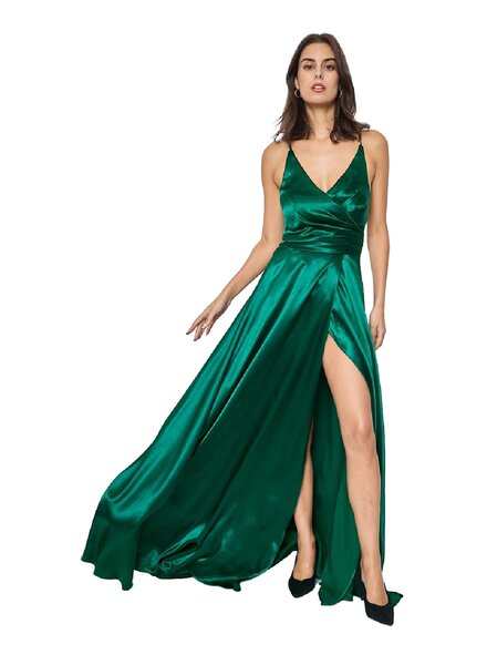 Groene satijnen galajurk met split - 202654
