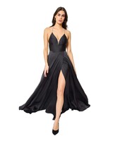 Zwarte satijnen A-lijn galajurk - 202656