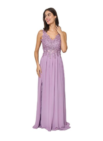 Feestelijke lila galajurk split - 202657