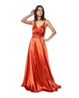 Oranje satijnen galajurk met split - 202658
