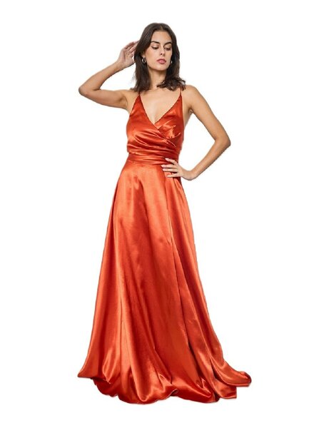 Oranje satijnen galajurk met split - 202658