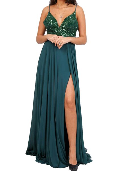 Groene galajurk met glittertop en split - 2026100