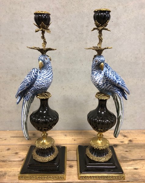 Luxe kandelaar Blue Parrots - H48 cm