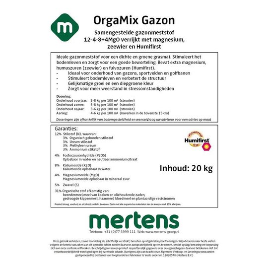 OrgaMix Gazonmest 20kg NPK 12-4-8+4 MgO