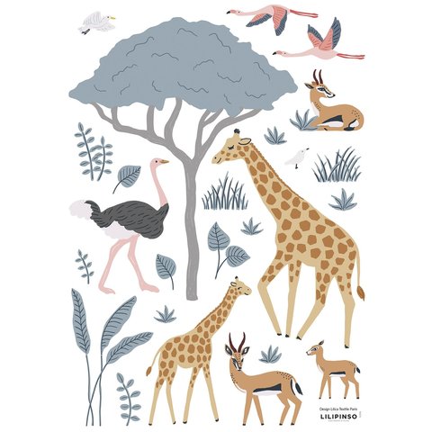 Lilipinso muursticker dieren safari Tanzania giraffe en flamingo's