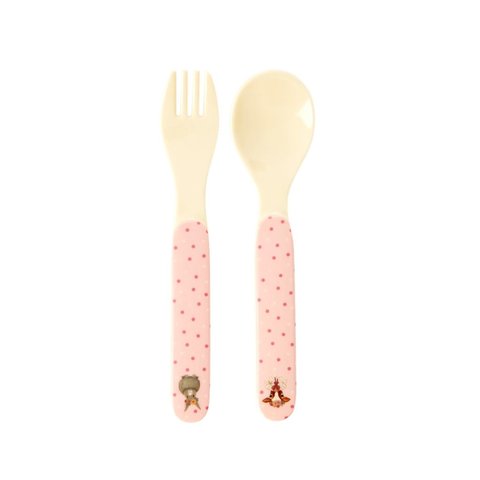 Rice melamine lepel en vork Farm Animals roze